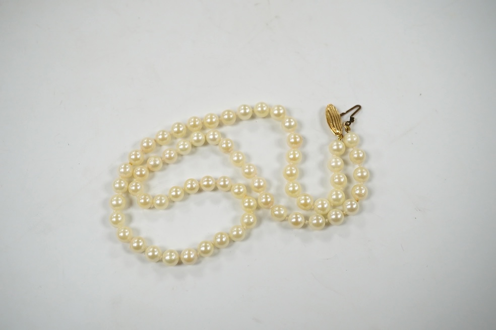 A group of assorted mainly modern 9ct and gem set jewellery including pendants, rings, bracelet, fob seal, ear studs, bar brooches, etc. and a single strand cultured pearl necklace. Condition - poor to fair to good.